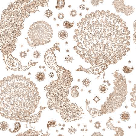 Peacock with henna elements monochrome seamless pattern. Vector illustrationのイラスト素材