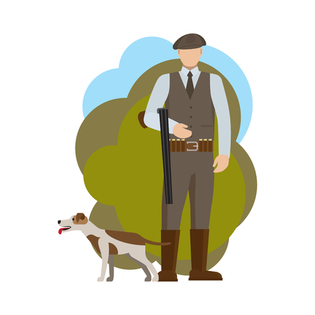 Hunter and his dog, vector illustration on white backgroundのイラスト素材