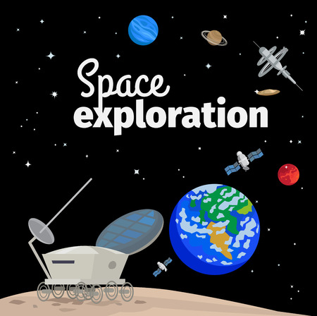 Space exploration illustration with outer space, earth and satellites. Vector illustrationのイラスト素材