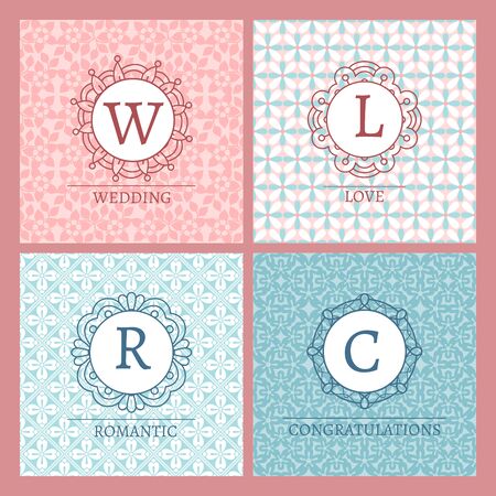 Cute and chic pink cards with monograms for wedding design. Vector illustrationのイラスト素材