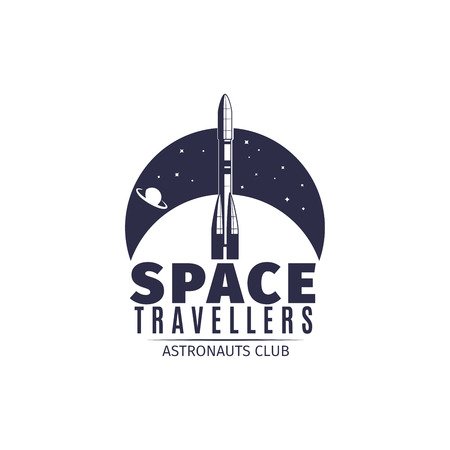 Space travellers. Astronaut club logo in retro style. Vintage astronautics label with space rocket vector illustrationのイラスト素材
