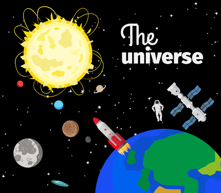 The universe in outer space with sun and planets and rockets. Vector illustrationのイラスト素材