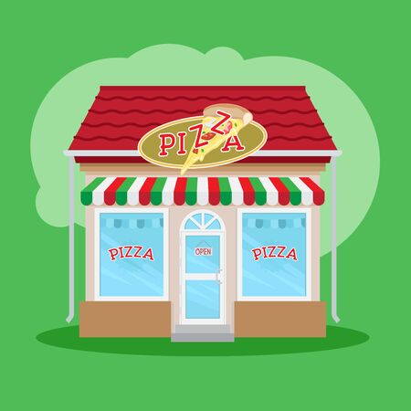 Pizza restaurant front view on green background, vector illustrationのイラスト素材