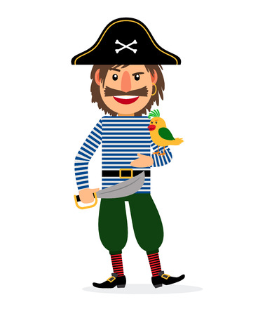 Pirate happy cartoon character with sword and parrot. Vector icon on white backgroundのイラスト素材