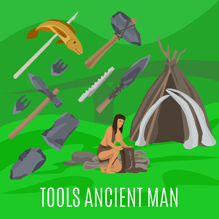 Ancient prehistoric stone age concept. Primitive tools vector illustrationのイラスト素材