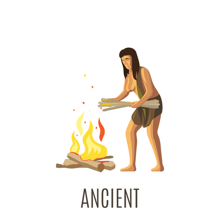Ancient woman making fire, isolated vector illustration with signのイラスト素材