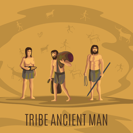 Tribe ancient people in cave vector illustration with singのイラスト素材