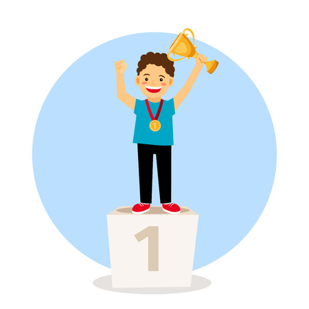 Number one. Child young winner podium. Sport athletic kid on pedestal with trophy cup, isolated on white. Vector illustrationのイラスト素材