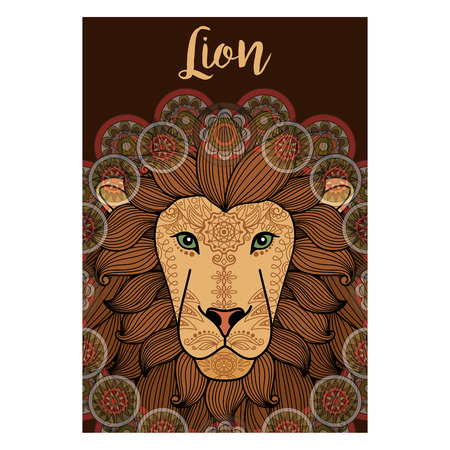 Lion Animal, ornamental card design with round ornament and brown background. Vector illustrationのイラスト素材