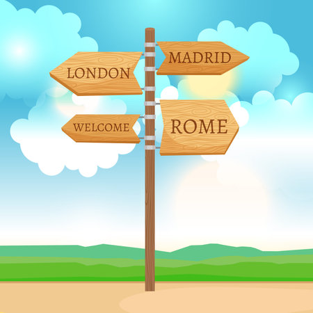 Wooden way direction sign, sunny day landscape vector illustrationのイラスト素材