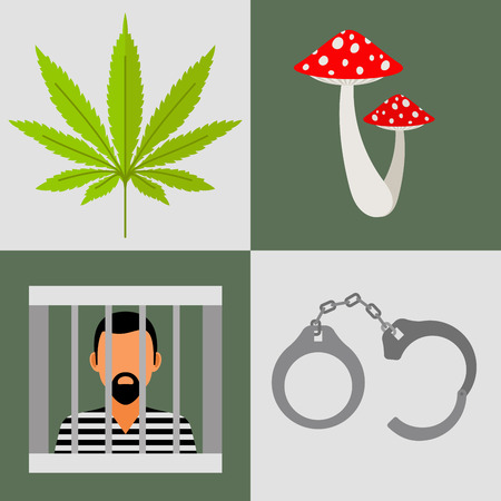 Drugs and prison vector icons set with handcuff, mushrooms and cannabis leaf.のイラスト素材