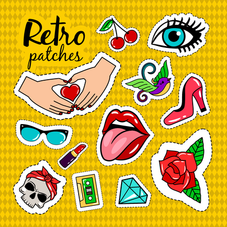 Retro style colorful stickers on yellow with rhombs background. Rose and skull and bird vector patches collectionのイラスト素材