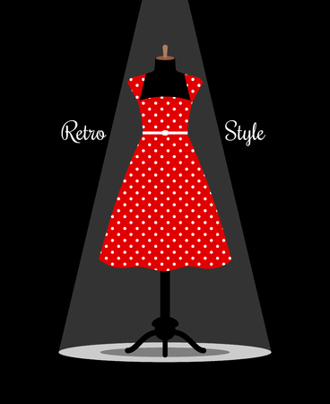 Retro red dress on manikin under projector light. Vector illustrationのイラスト素材