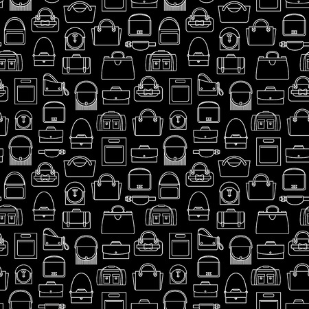Fashion bags seamless pattern with white outline elements and black background. Vector illustrationのイラスト素材