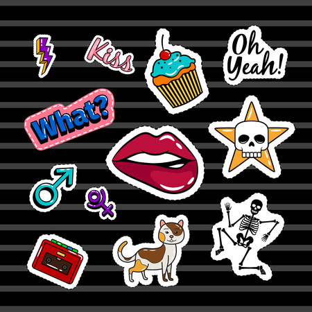 Colored quirky stickers collection with skeleton, cat, skull and lips on dark background. Vector patches or badges setのイラスト素材