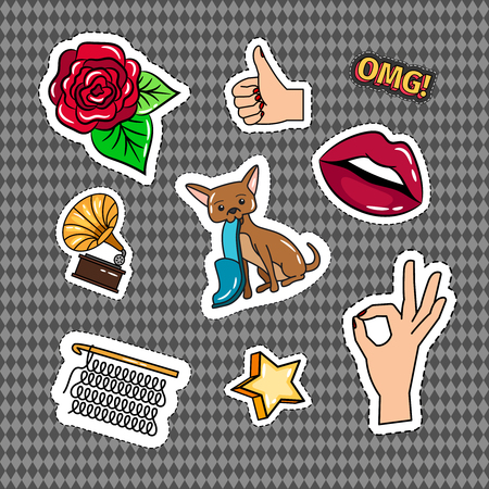 Retro quirky style stickers set with type machine, grammaphone, dog and hands. Vector badges and patches on grey backgroundの写真素材