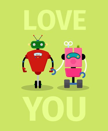 Love you card with robots on light green background, vector illustrationのイラスト素材