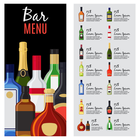 Alcohol drinks menu template for bar and restaurant with bottles, description and prices. Vector illustration.のイラスト素材