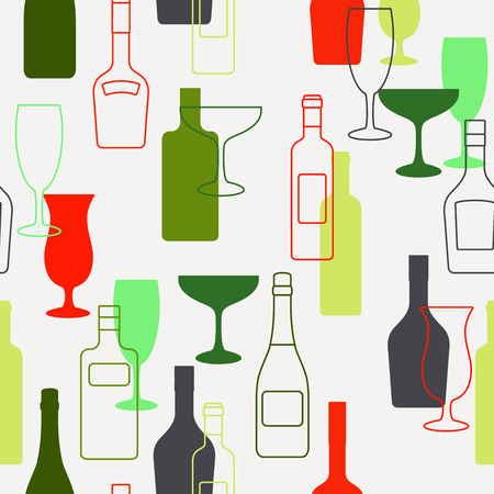 Alcohol bottles and glasses pattern with colorful flat and outline elements. Vector illustrationのイラスト素材