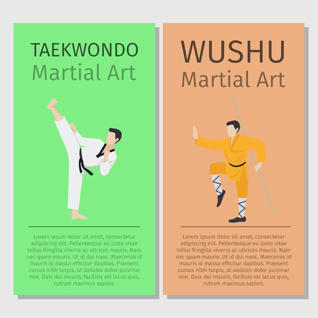 Asian martial arts vector flyers set. Taekwondo and Wushu illustrationのイラスト素材