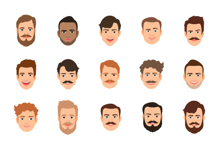 Human face set vector illustration. Male portrait or young man faces with various hairstyleの写真素材