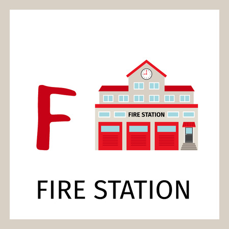 Alphabet card for kids with fire station building. Letter F card vector illustrationのイラスト素材