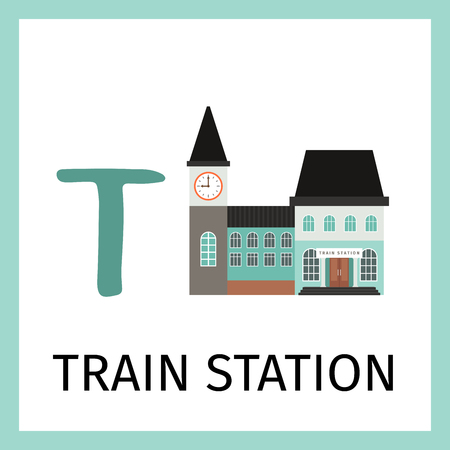 Alphabet card for kids with train station building. Letter T card vector illustrationのイラスト素材