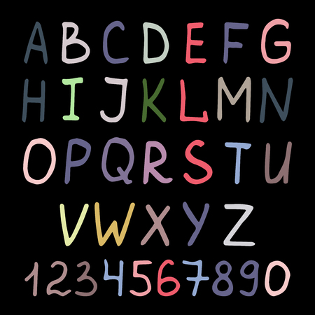 Vector colorful handwritten alphabet and numbers on black backgroundのイラスト素材