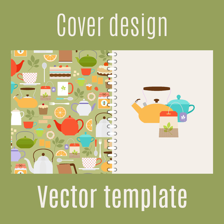 Cover design for print with teapots and cups pattern. Vector illustrationのイラスト素材