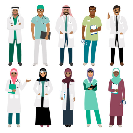 Muslims healthcare staff. Standing arab muslim physician doctor and arabian nurse vector isolated on white backgroundのイラスト素材