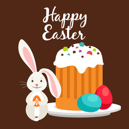 Happy easter greeting card template with rabbit and Easter cake. Vector illustration