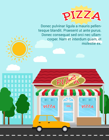 Pizza advertising banner with shop building and landscape, vector illustrationのイラスト素材