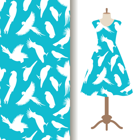 Women dress fabric pattern design on a mannequin with birds, vector illustrationのイラスト素材