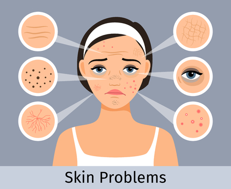 Beauty and freshness of the woman face vector illustration. Girl with skin spots, pimples and wrinkles