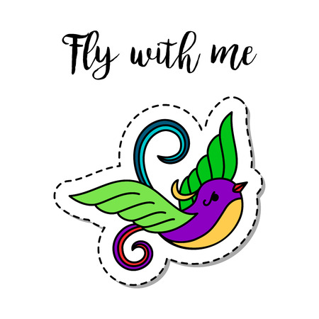 Fashion patch element with quote, Fly with me and fantasy bird vector illustrationのイラスト素材