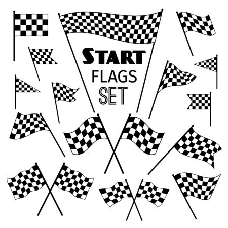 Checkered flag icons isolated on white background. Waving and crossed vector racing flagsのイラスト素材