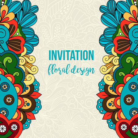 Universal invitation floral card with oriental floral doodle ornament. Vector illustrationのイラスト素材
