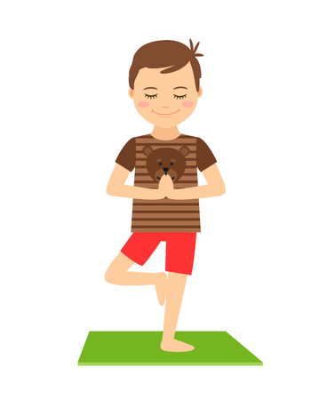 Young boy standing in yoga pose isolated on white background. Yoga kids vector illustrationのイラスト素材