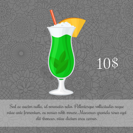 Alcoholic mint cocktail card template with price and patterned background. Vector illustrationのイラスト素材