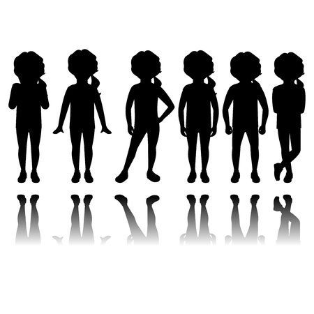 Girl silhouette in different poses with reflection. Vector illustrationのイラスト素材