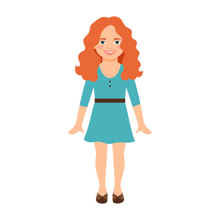 Redhead girl in a blue dress isolated vector illustration on white backgroundのイラスト素材