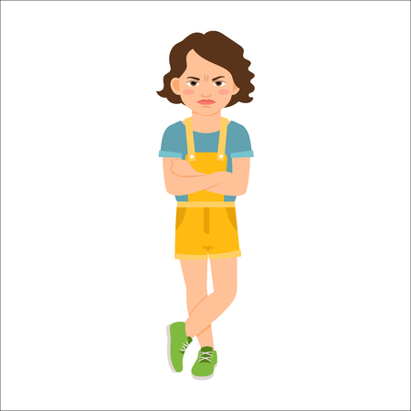 Angry girl in blue shirt isolated vector illustration on white backgroundのイラスト素材