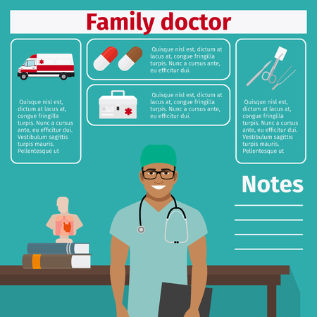 Family doctor and medical equipment icons with infographics elements for medical and pharmaceutical industry. Vector illustrationのイラスト素材