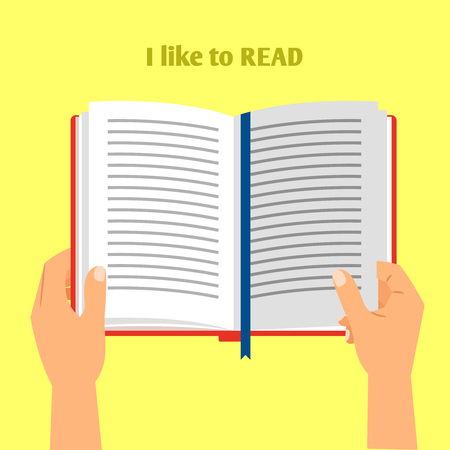 Hands holding open book for read. Hand book reading vector illustrationのイラスト素材