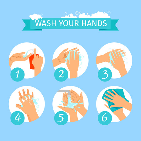 Wash yours hands restroom or medicine vector illustration. People hands washing hygiene infographic icons with soap foam