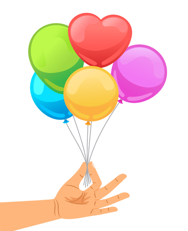 Balloon set in human hand vector illustration. Hand holds bunch of brightly helium balloons isolated on white backgroundのイラスト素材