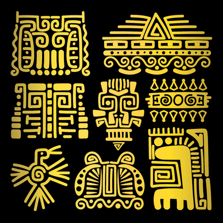 American golden ancient totems on black background, vector illustrationのイラスト素材