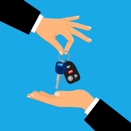 with Men's hand holding car keys flat vector illustration for sale or rental designsのイラスト素材