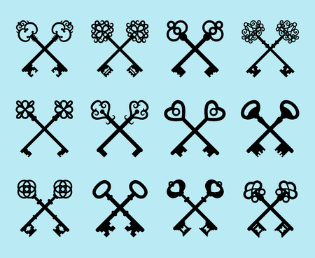Old key set isolated on blue background. Vector vintage black crossed keys for safe logo or door access signsのイラスト素材