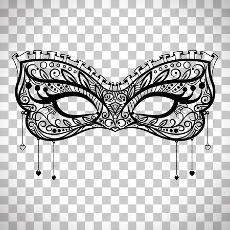 Elegant carnival mask, black ornate lace masquerade mask vector isolated on transparent backgroundのイラスト素材